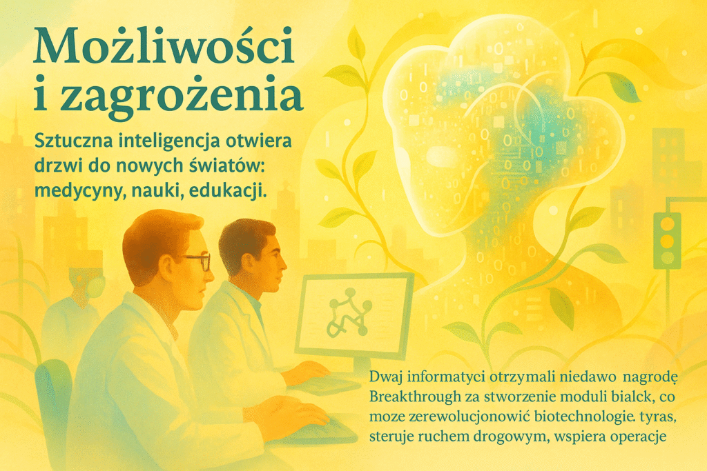 Dwóch naukowców pracujących przy komputerze, za którym unosi się abstrakcyjna forma sztucznej inteligencji, z symbolami nauki i kodu.